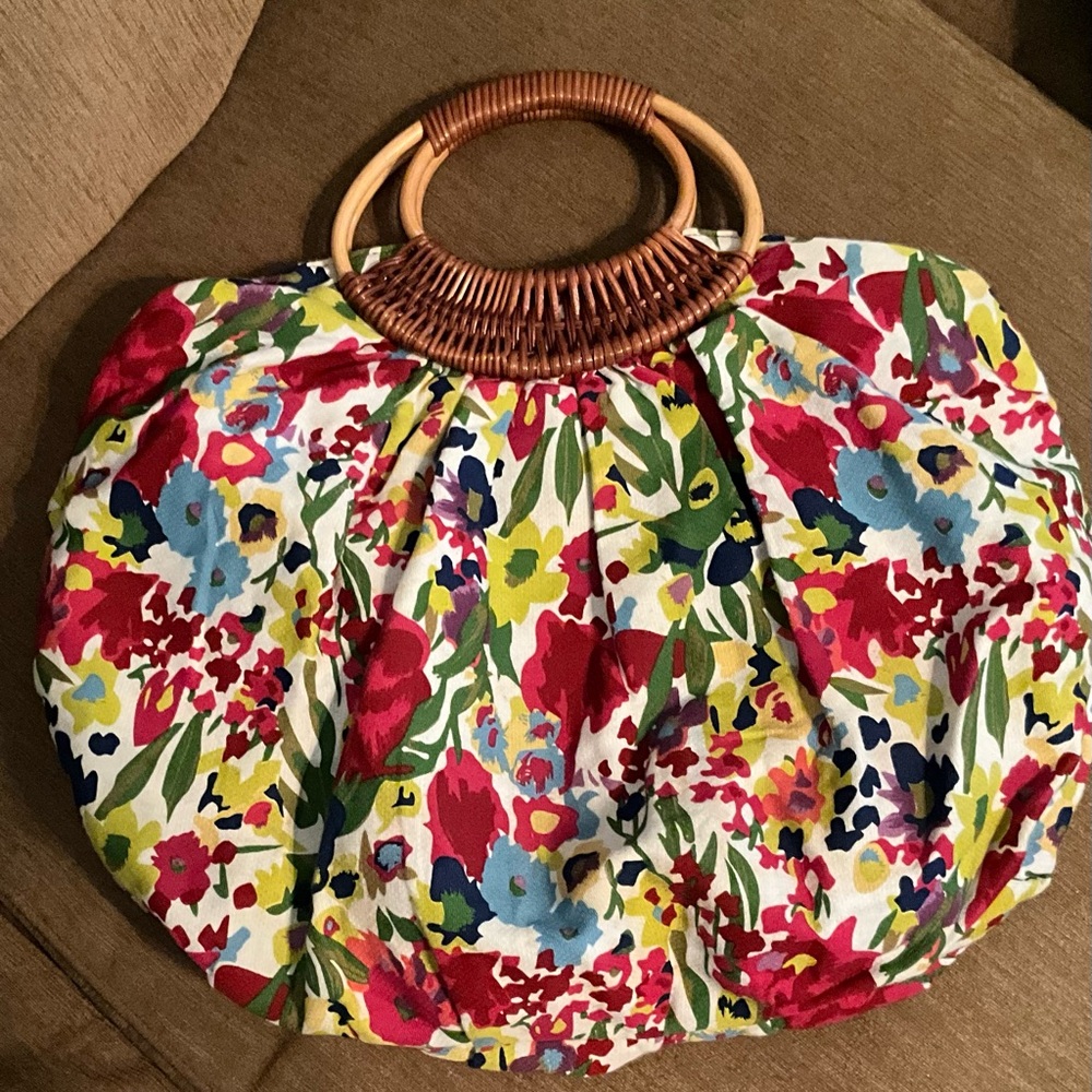 Large Floral Bag with Rattan Wicker Handles Purse